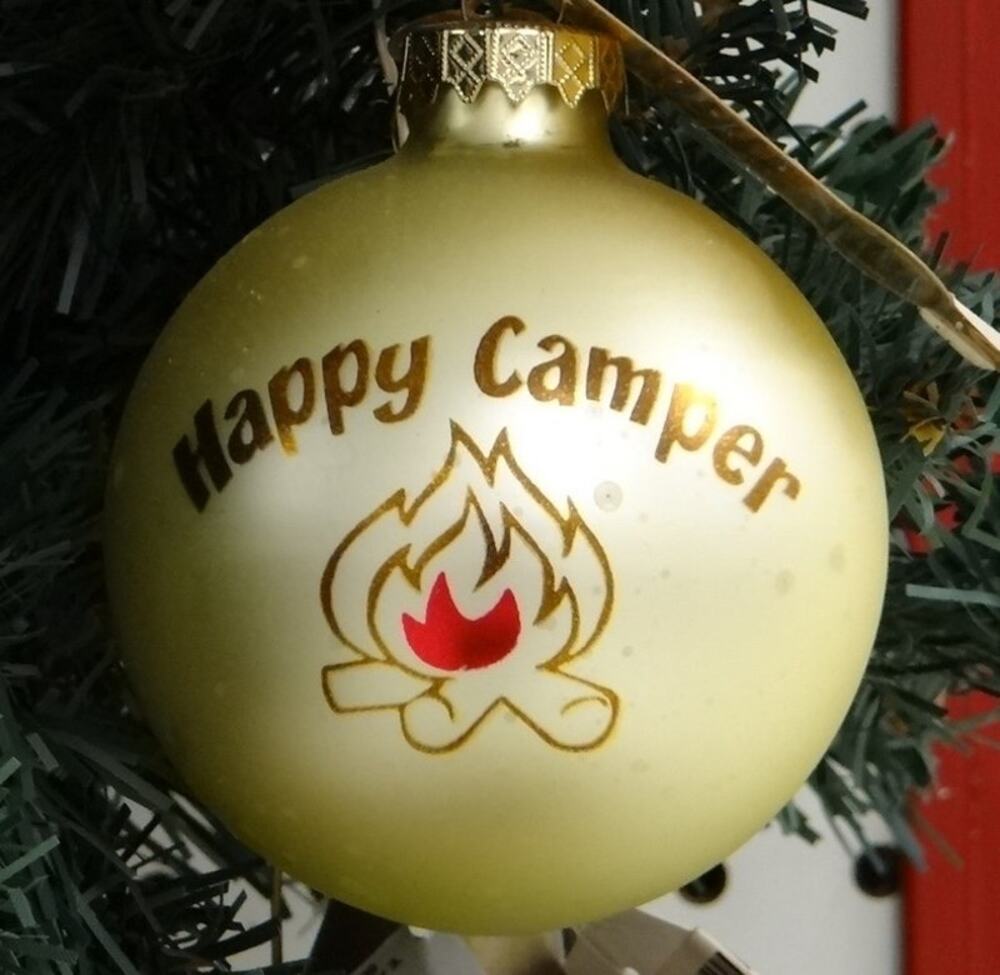 NIB! Bronner’s "Happy Camper" glass Christmas ornament with campfire graphic